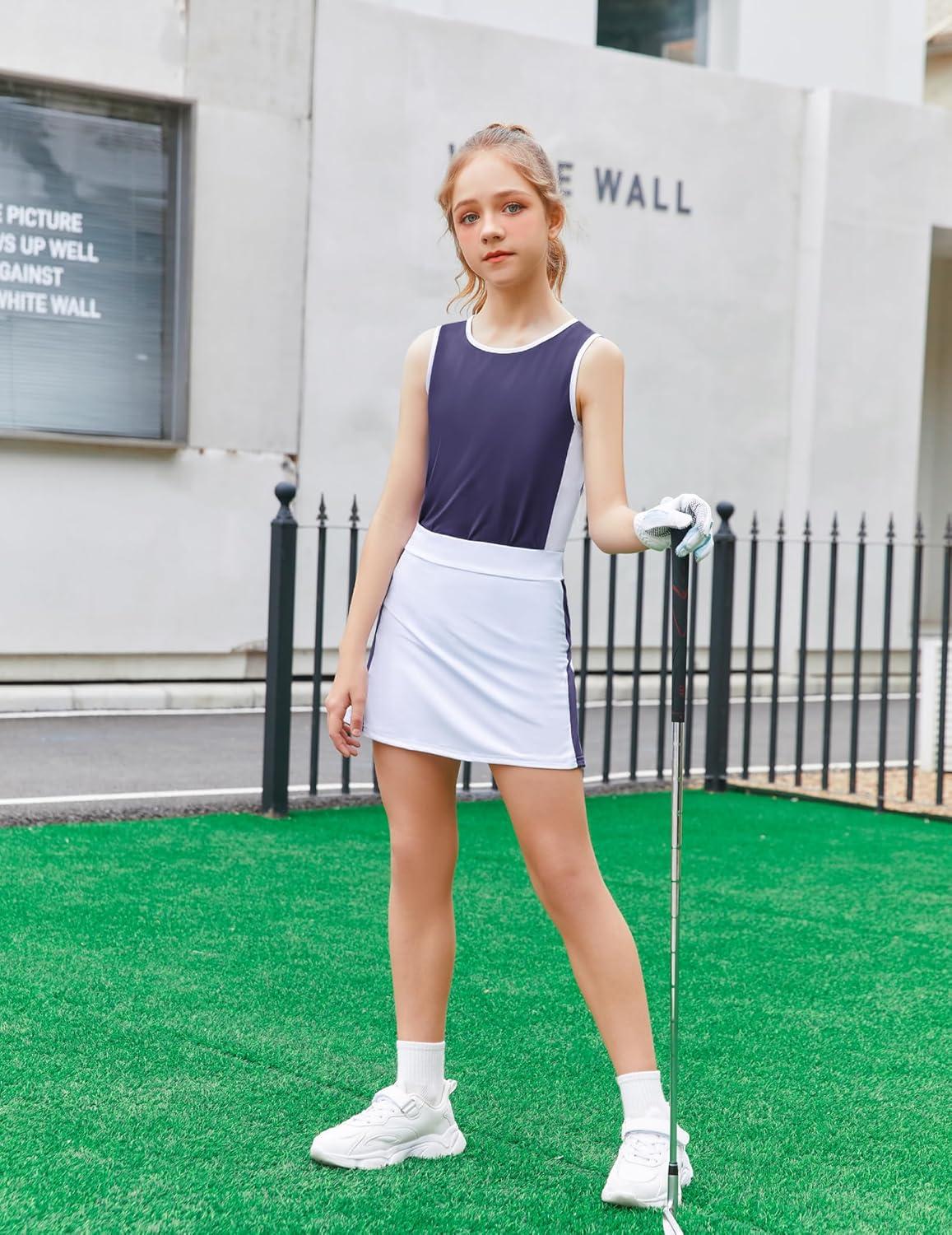 image:imageZaclotre Girls Tennis Dress with Shorts Sleeveless Athletic Tank Top and Skirt Sets 2 Piece Golf Outfit with PocketsNavy Blue