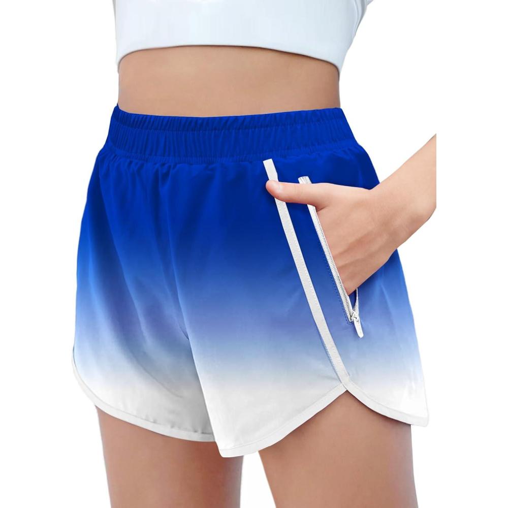 image:imageZaclotre Girls Athletic Shorts with Zipper Pockets High Waisted Running Shorts Soccer Gym Sports Active Short for KidsWhite Blue Gradient