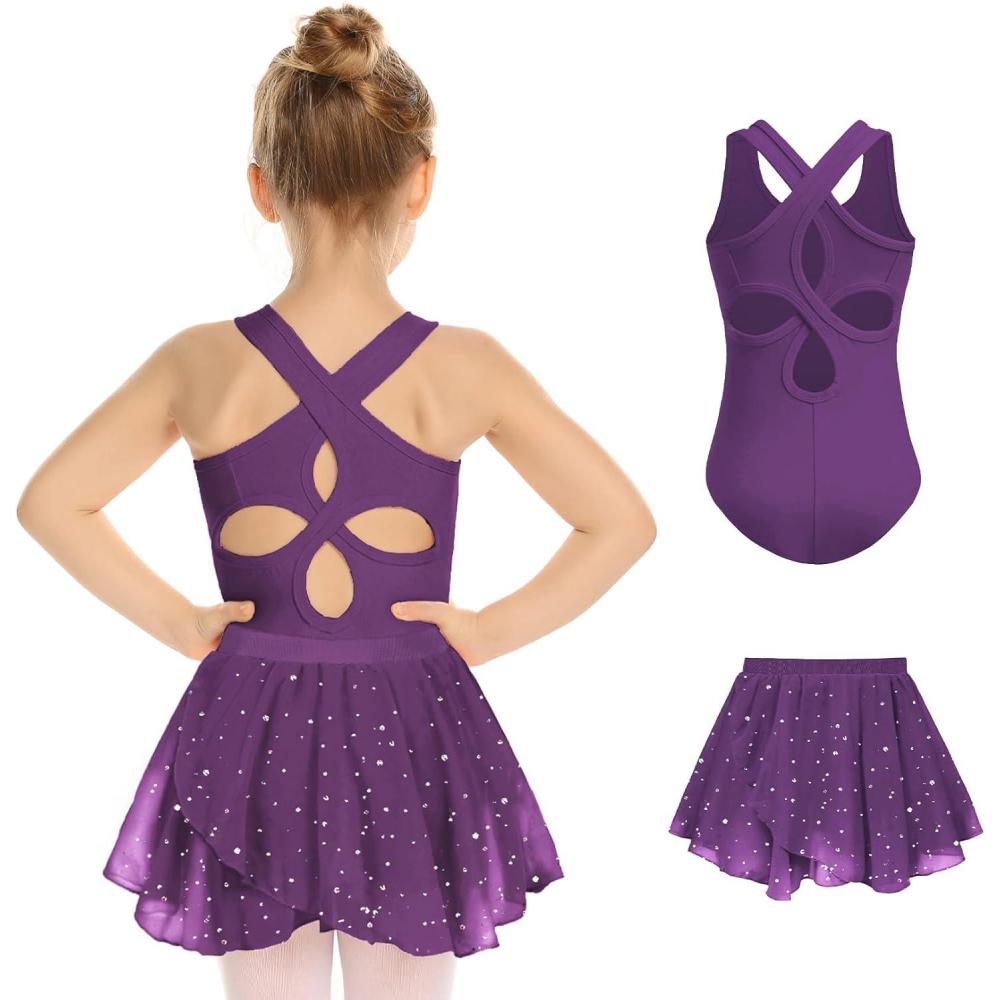 image:imageZaclotre Girls Ballet Leotards Toddler Hollow Back Dance Dress Outfit with Removable Shiny Skirt ComboDark Purple