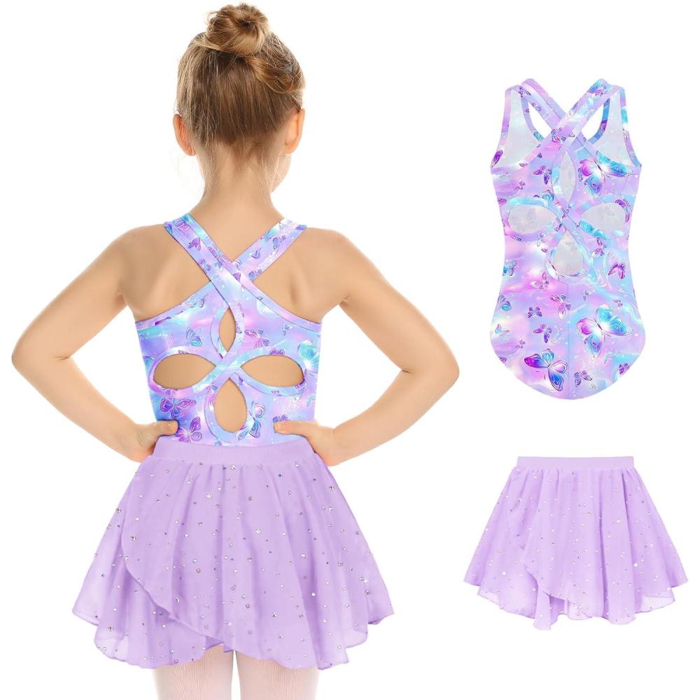 image:imageZaclotre Girls Ballet Leotards Toddler Hollow Back Dance Dress Outfit with Removable Shiny Skirt ComboPurple Butterfly