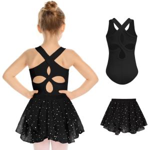 Zaclotre Girls Ballet Leotards Toddler Hollow Back Dance Dress Outfit with Removable Shiny Skirt Combo(Black)