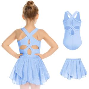 Zaclotre Girls Ballet Leotards Toddler Hollow Back Dance Dress Outfit with Removable Shiny Skirt Combo(Blue)
