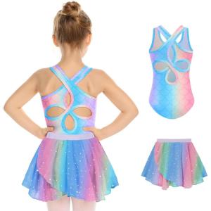 Zaclotre Girls Ballet Leotards Toddler Hollow Back Dance Dress Outfit with Removable Shiny Skirt Combo(Rainbow Mermaid)