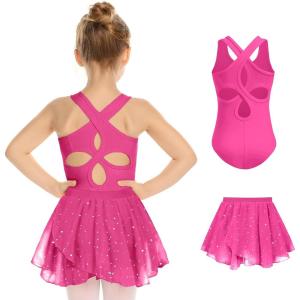 Zaclotre Girls Ballet Leotards Toddler Hollow Back Dance Dress Outfit with Removable Shiny Skirt Combo(Rose Red)