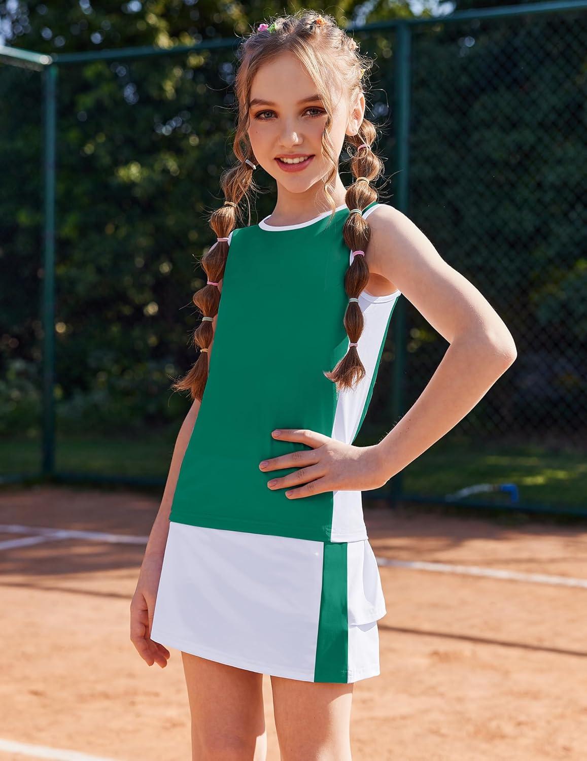 image:imageZaclotre Girls Tennis Dress with Shorts Sleeveless Athletic Tank Top and Skirt Sets 2 Piece Golf Outfit with PocketsGreen