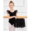 Zaclotre Girls Ballet Leotards Toddler Ruffle Sleeve Bow Back Dance Outfits Leotard with Removable Shinny Skirt Combo(Black)