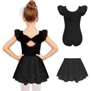 Zaclotre Girls Ballet Leotards Toddler Ruffle Sleeve Bow Back Dance Outfits Leotard with Removable Shinny Skirt Combo(Black)