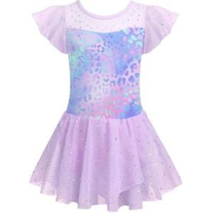 Zaclotre Girls Ballet Leotards Ruffle Sleeve Sparkle Dance Leotard Toddler Ballerina Dress Outfits(Leopard Purple)