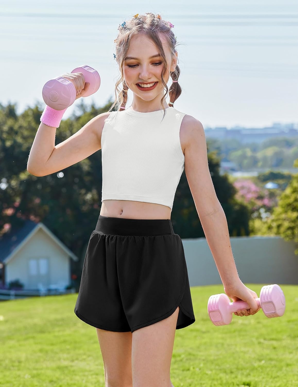 image:imageZaclotre Girls Athletic Shorts with Pockets Elastic Waist 2 in 1 Running Shorts for Teen Kids Sports Active Soccer ShortsBlack