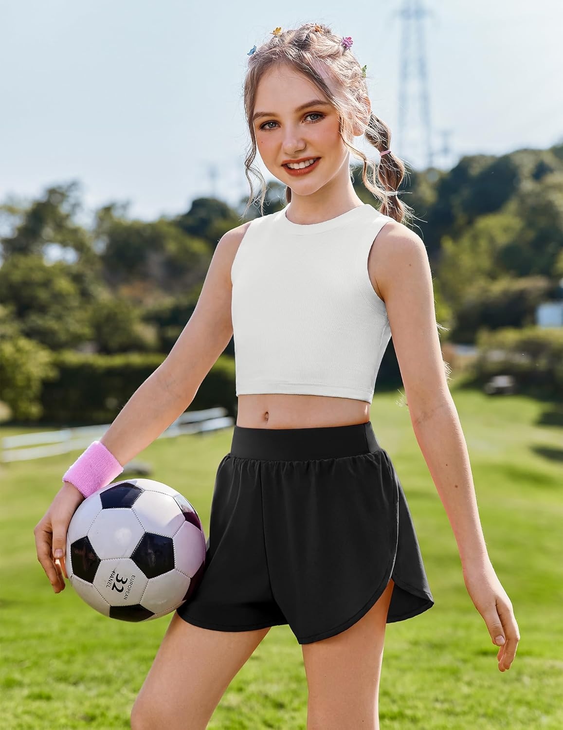 image:imageZaclotre Girls Athletic Shorts with Pockets Elastic Waist 2 in 1 Running Shorts for Teen Kids Sports Active Soccer ShortsBlack