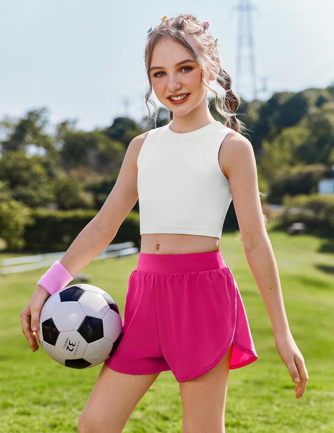 image:imageZaclotre Girls Athletic Shorts with Pockets Elastic Waist 2 in 1 Running Shorts for Teen Kids Sports Active Soccer ShortsHot Pink