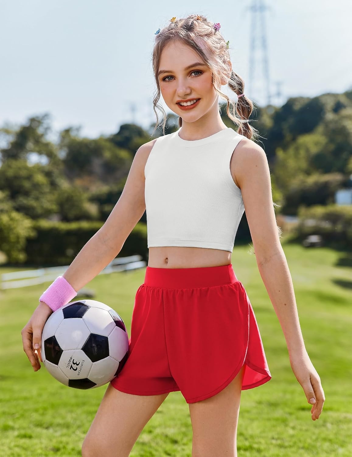 image:imageZaclotre Girls Athletic Shorts with Pockets Elastic Waist 2 in 1 Running Shorts for Teen Kids Sports Active Soccer ShortsRed
