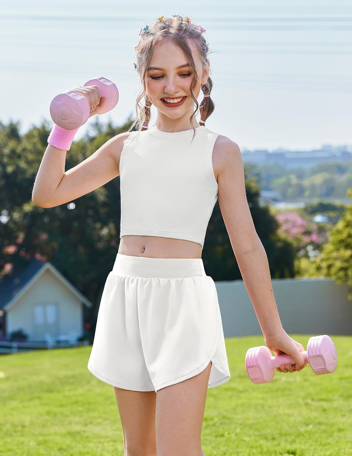 image:imageZaclotre Girls Athletic Shorts with Pockets Elastic Waist 2 in 1 Running Shorts for Teen Kids Sports Active Soccer ShortsWhite
