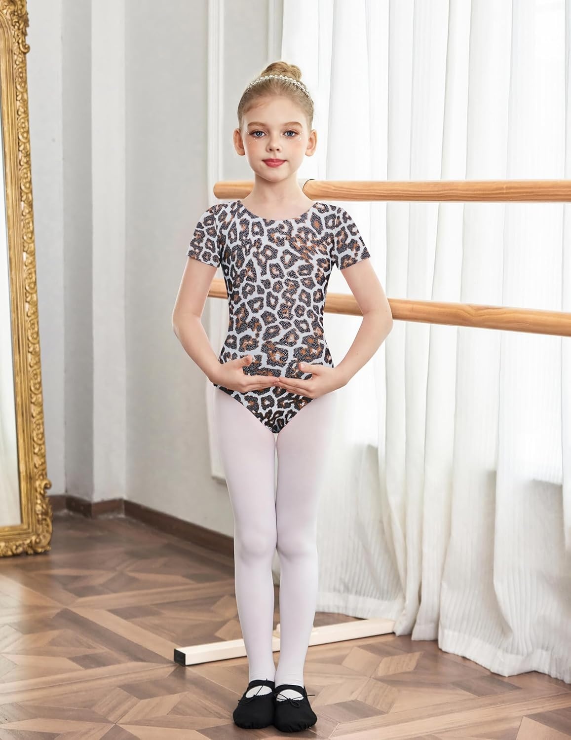 image:imageZaclotre Short Sleeve Leotards for Girls CrissCross Back Ballet Dance Clothes Gymnastics OutfitBlack Leopard