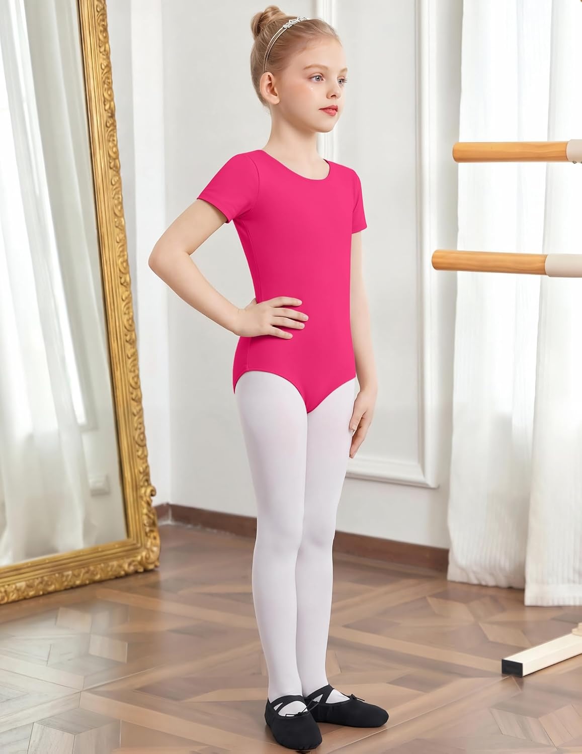 image:imageZaclotre Short Sleeve Leotards for Girls CrissCross Back Ballet Dance Clothes Gymnastics OutfitRose Red