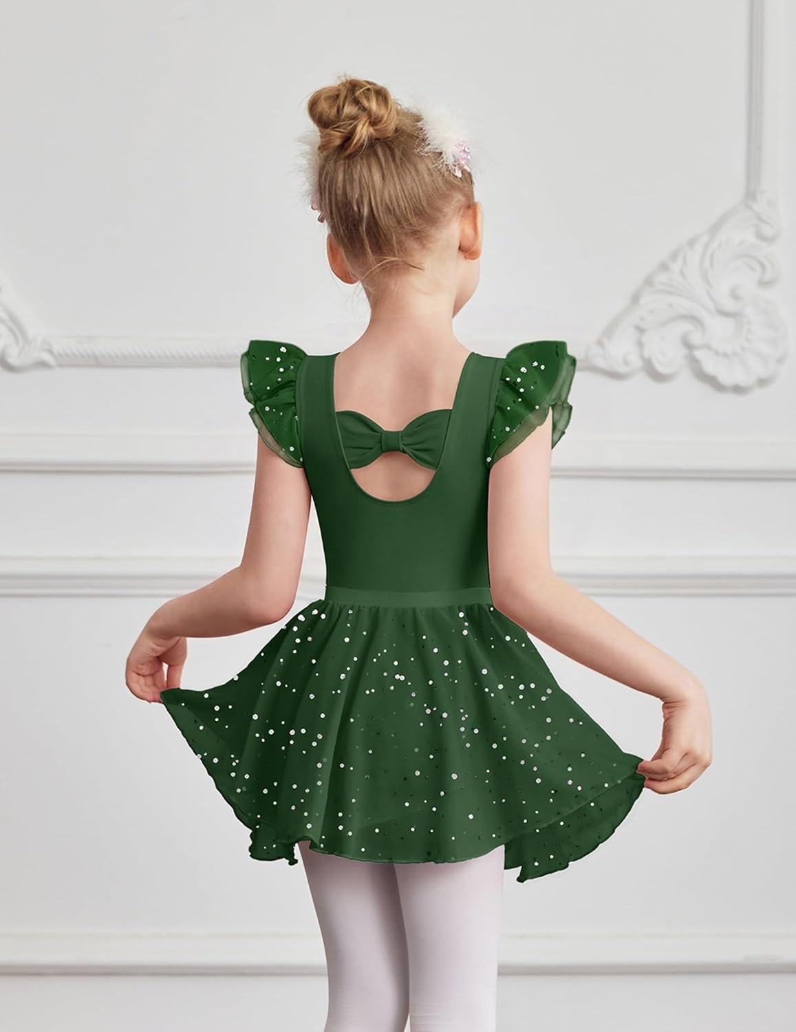 image:imageZaclotre Ballet Leotards for Girls Bow Back Chiffon Ruffle Sleeve Toddler Dance Leotard Gymnastics OutfitGreen