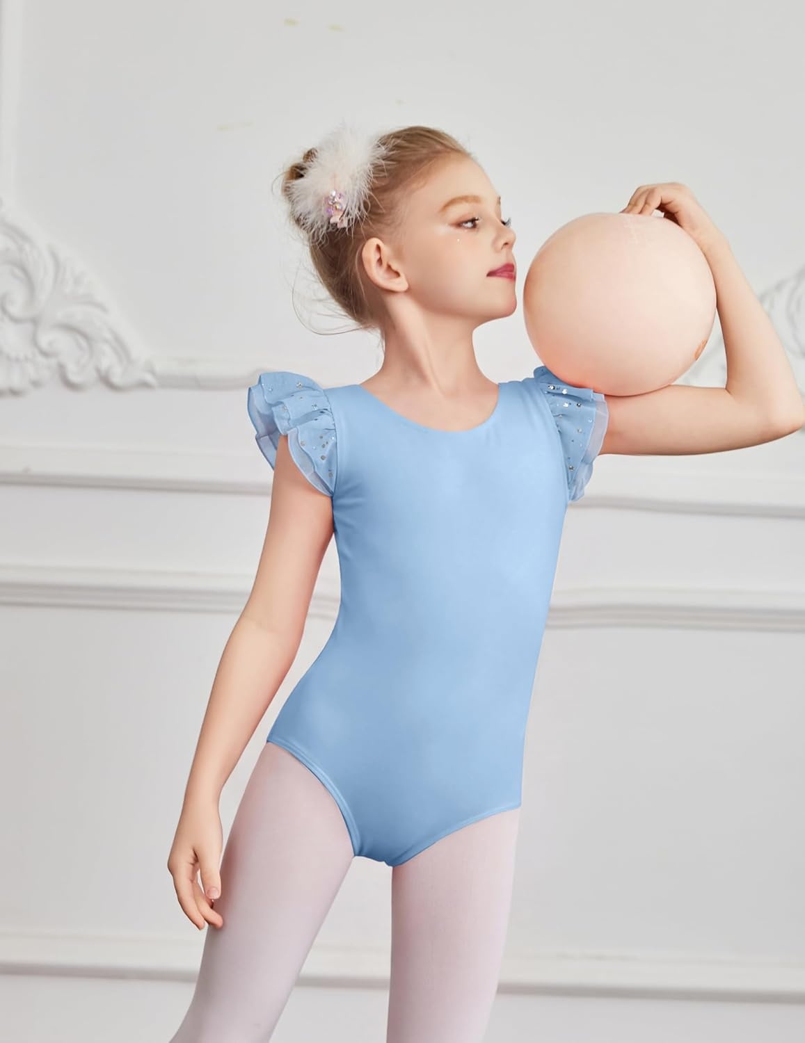 image:imageZaclotre Ballet Leotards for Girls Bow Back Chiffon Ruffle Sleeve Toddler Dance Leotard Gymnastics OutfitLight Blue