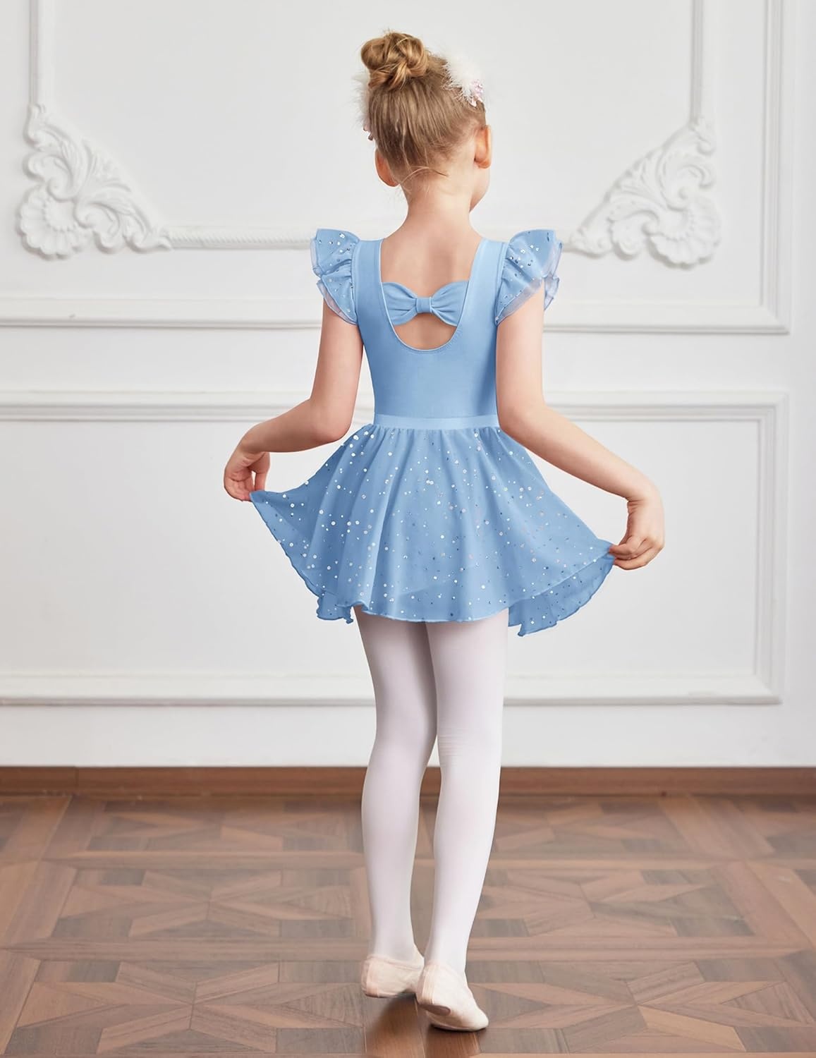image:imageZaclotre Ballet Leotards for Girls Bow Back Chiffon Ruffle Sleeve Toddler Dance Leotard Gymnastics OutfitLight Blue