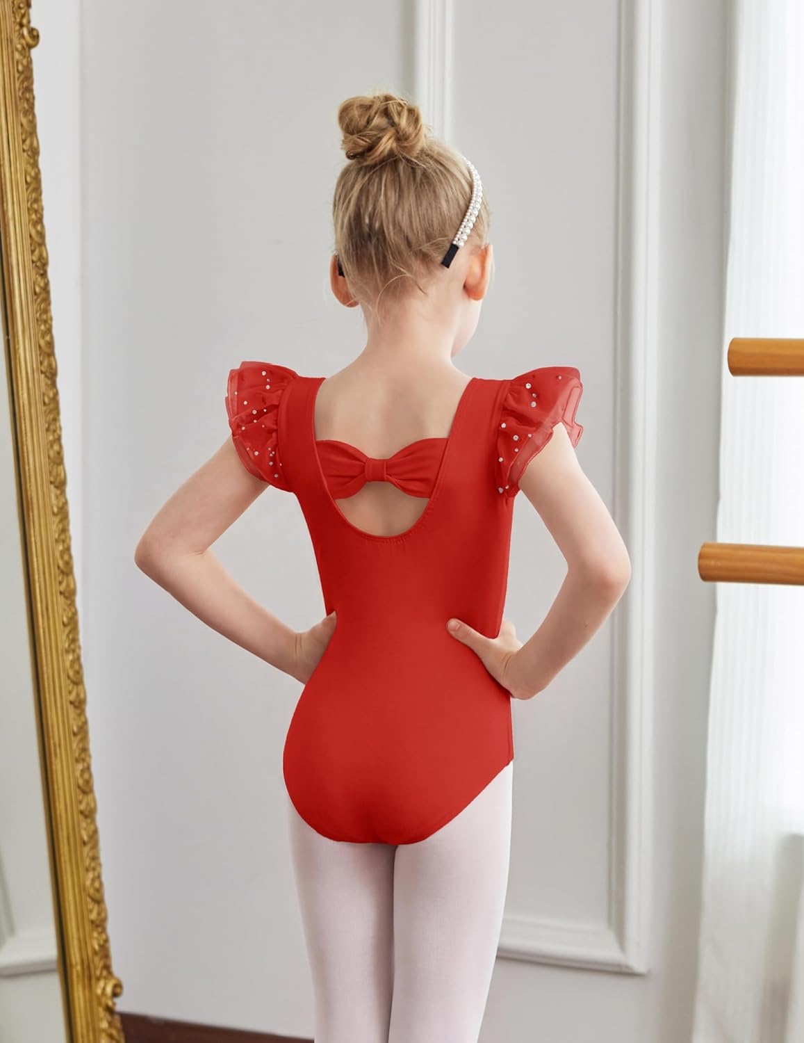 image:imageZaclotre Ballet Leotards for Girls Bow Back Chiffon Ruffle Sleeve Toddler Dance Leotard Gymnastics OutfitRed
