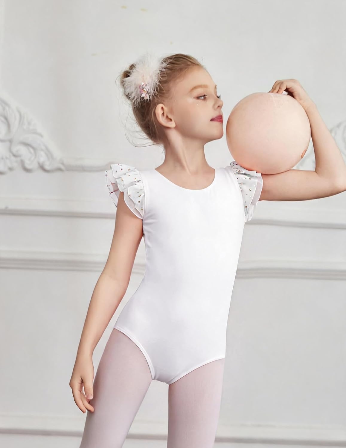 image:imageZaclotre Ballet Leotards for Girls Bow Back Chiffon Ruffle Sleeve Toddler Dance Leotard Gymnastics OutfitWhite