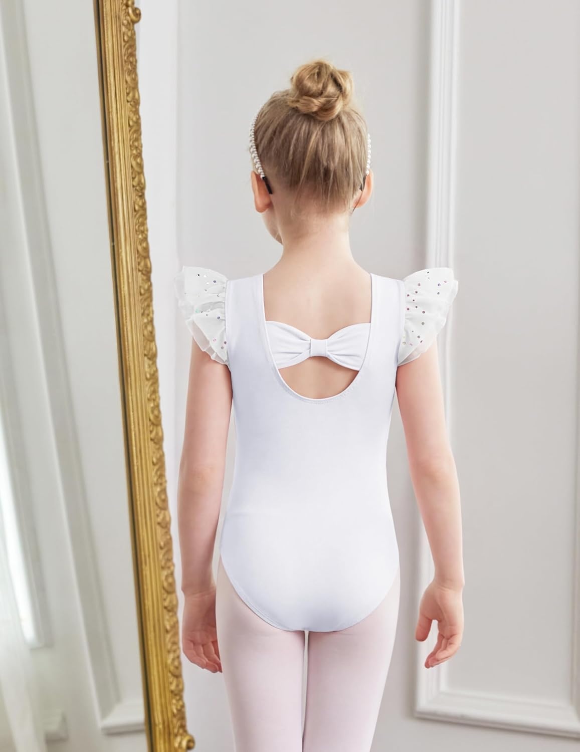 image:imageZaclotre Ballet Leotards for Girls Bow Back Chiffon Ruffle Sleeve Toddler Dance Leotard Gymnastics OutfitWhite