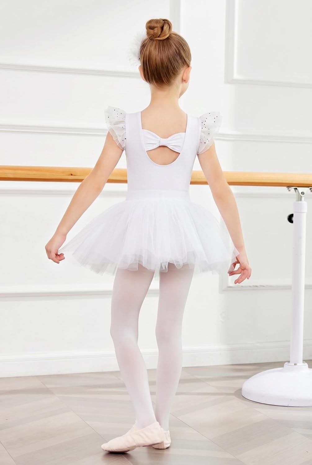 image:imageZaclotre Ballet Leotards for Girls Bow Back Chiffon Ruffle Sleeve Toddler Dance Leotard Gymnastics OutfitWhite