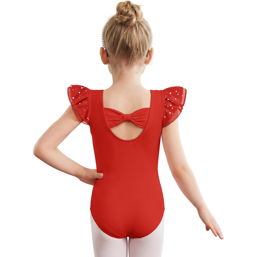 image:imageZaclotre Ballet Leotards for Girls Bow Back Chiffon Ruffle Sleeve Toddler Dance Leotard Gymnastics OutfitRed