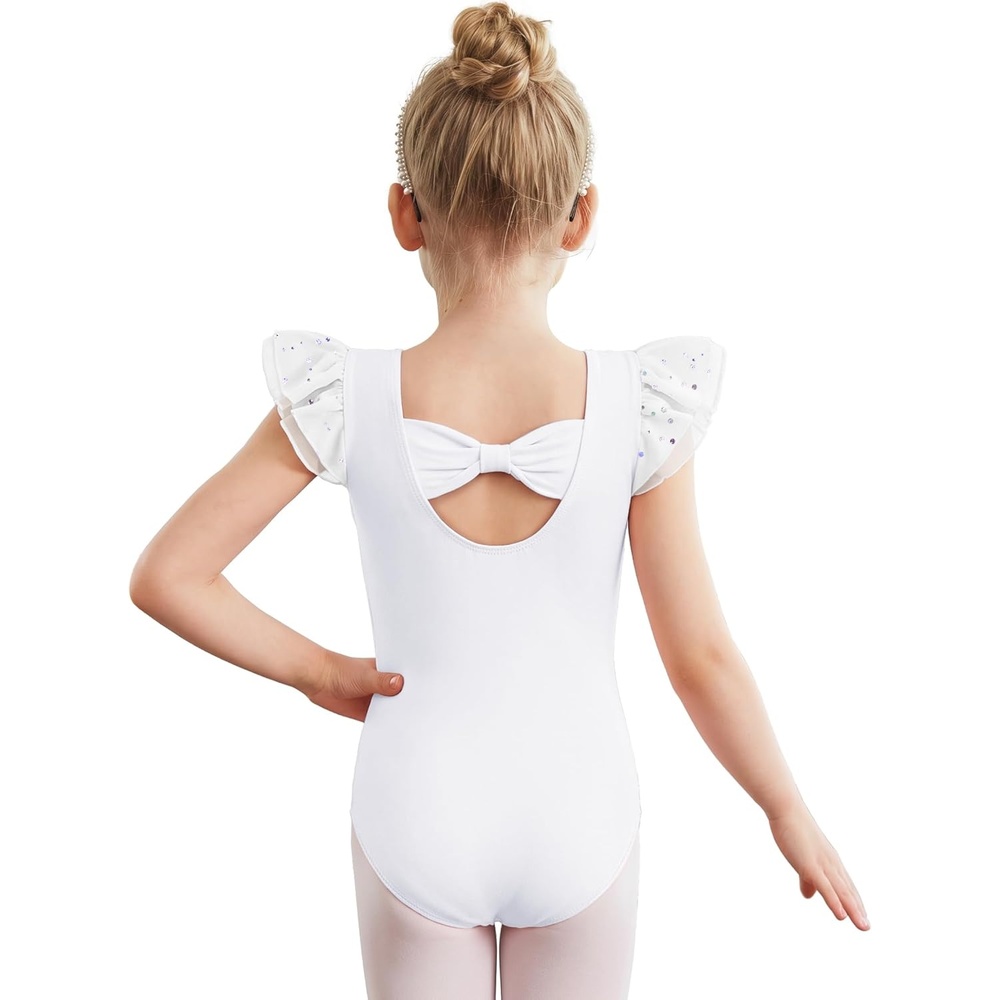 image:imageZaclotre Ballet Leotards for Girls Bow Back Chiffon Ruffle Sleeve Toddler Dance Leotard Gymnastics OutfitWhite