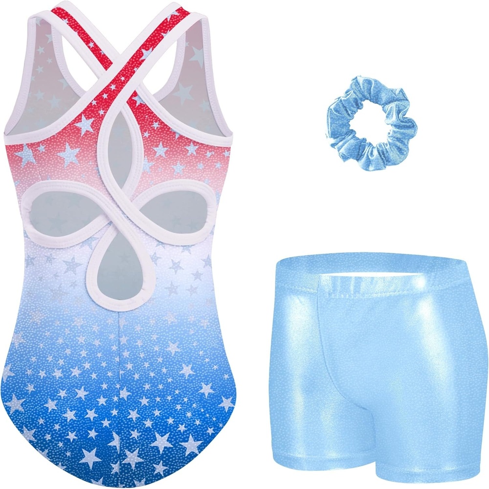 image:imageZaclotre Gymnastics Leotards for Girls Hollow Back Sparkly Sleeveless Dance Leotard Unitards with Gym Shorts ComboAmerican Flag