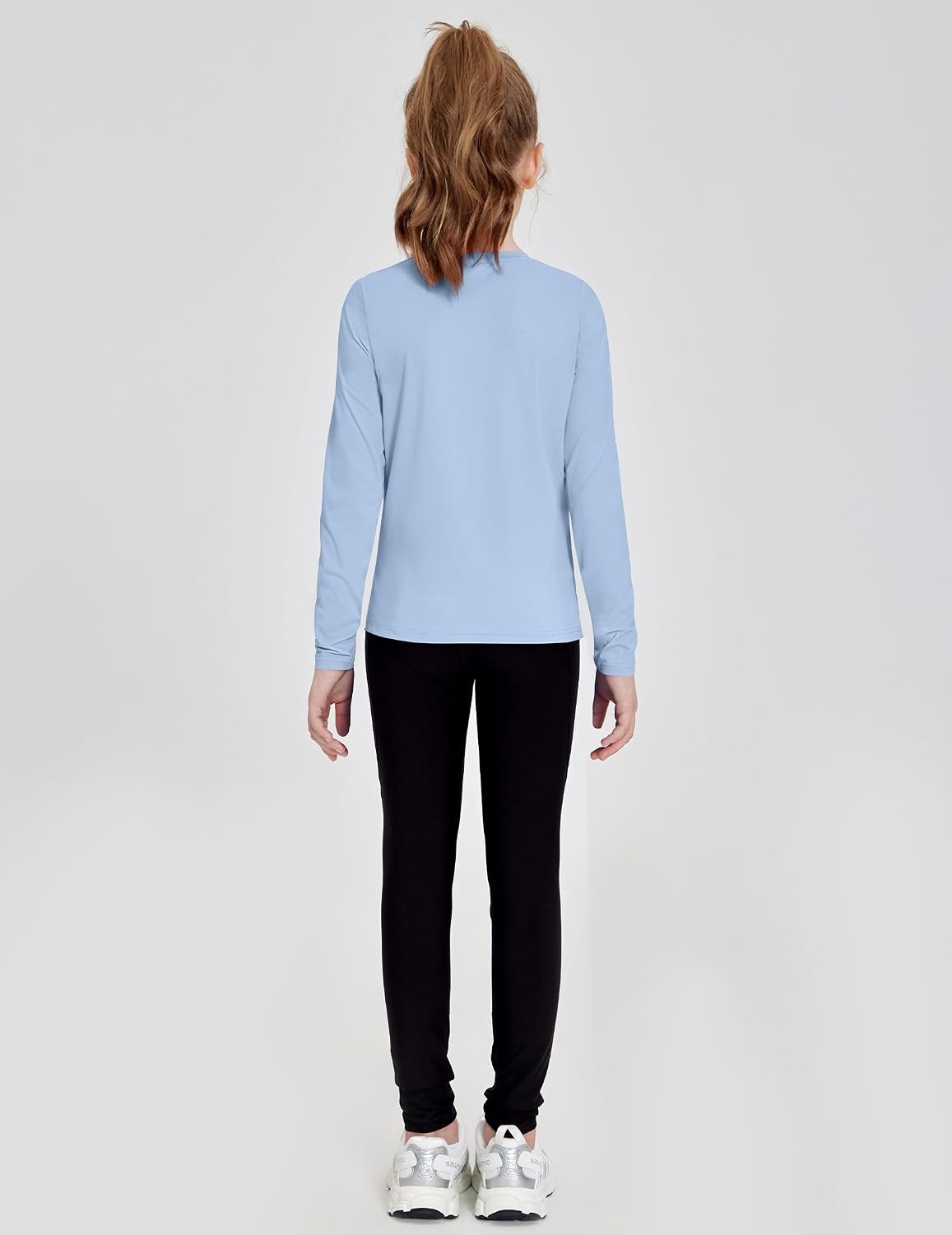 image:imageZaclotre Girls Athletic Long Sleeve Shirts with Zipper Pockets Performance fit for kids sports gym and outdoor activities Activewear tops Features breathability and moisture wickingLight Blue