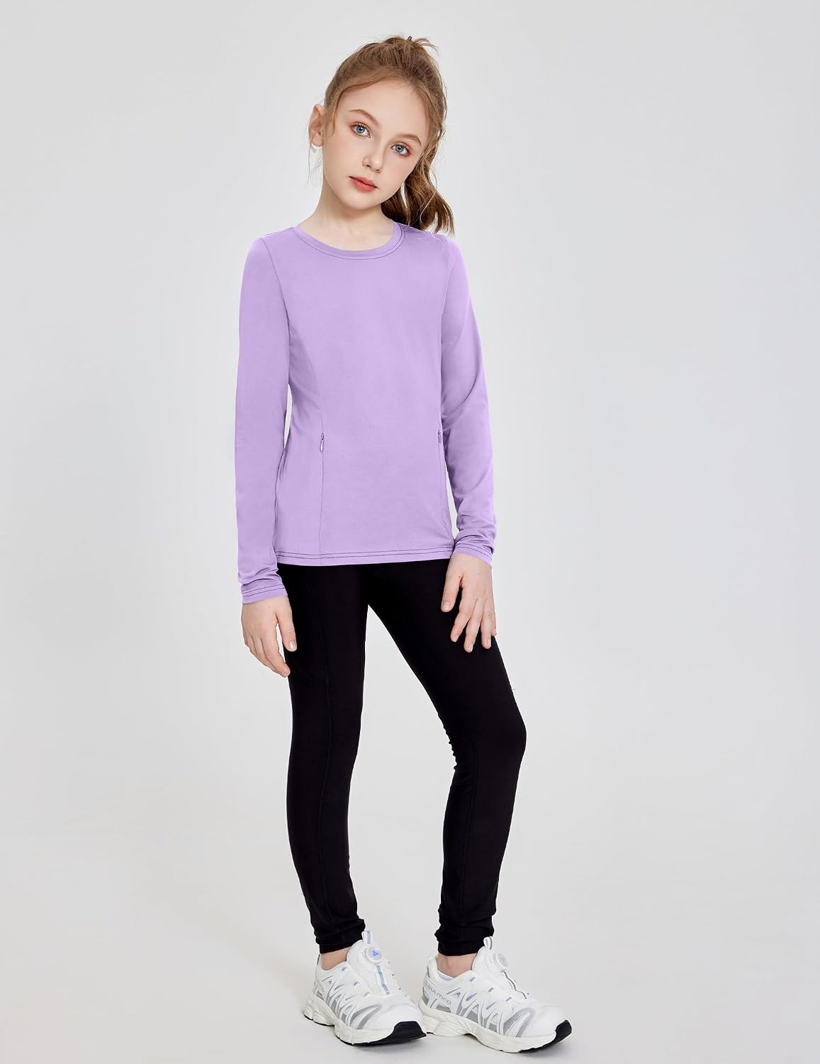 image:imageZaclotre Girls Athletic Long Sleeve Shirts with Zipper Pockets Performance fit for kids sports gym and outdoor activities Activewear tops Features breathability and moisture wickingPurple