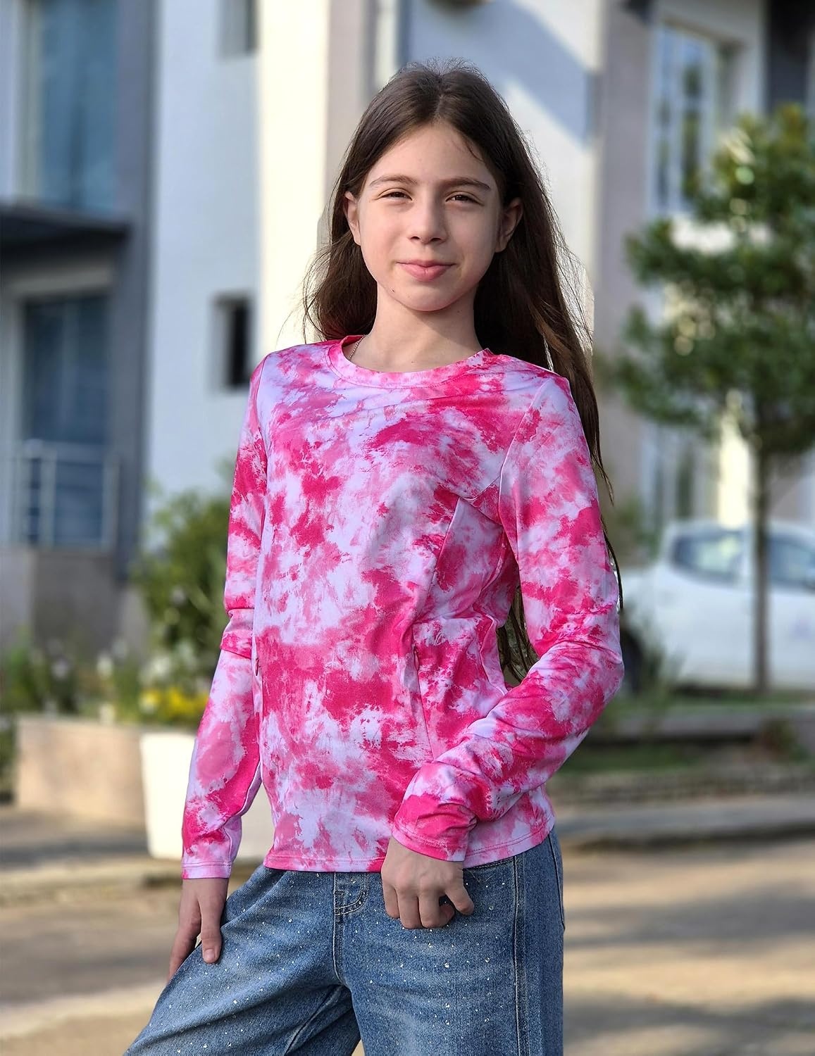 image:imageZaclotre Girls Athletic Long Sleeve Shirts with Zipper Pockets Performance fit for kids sports gym and outdoor activities Activewear tops Features breathability and moisture wickingRose Tie Dye