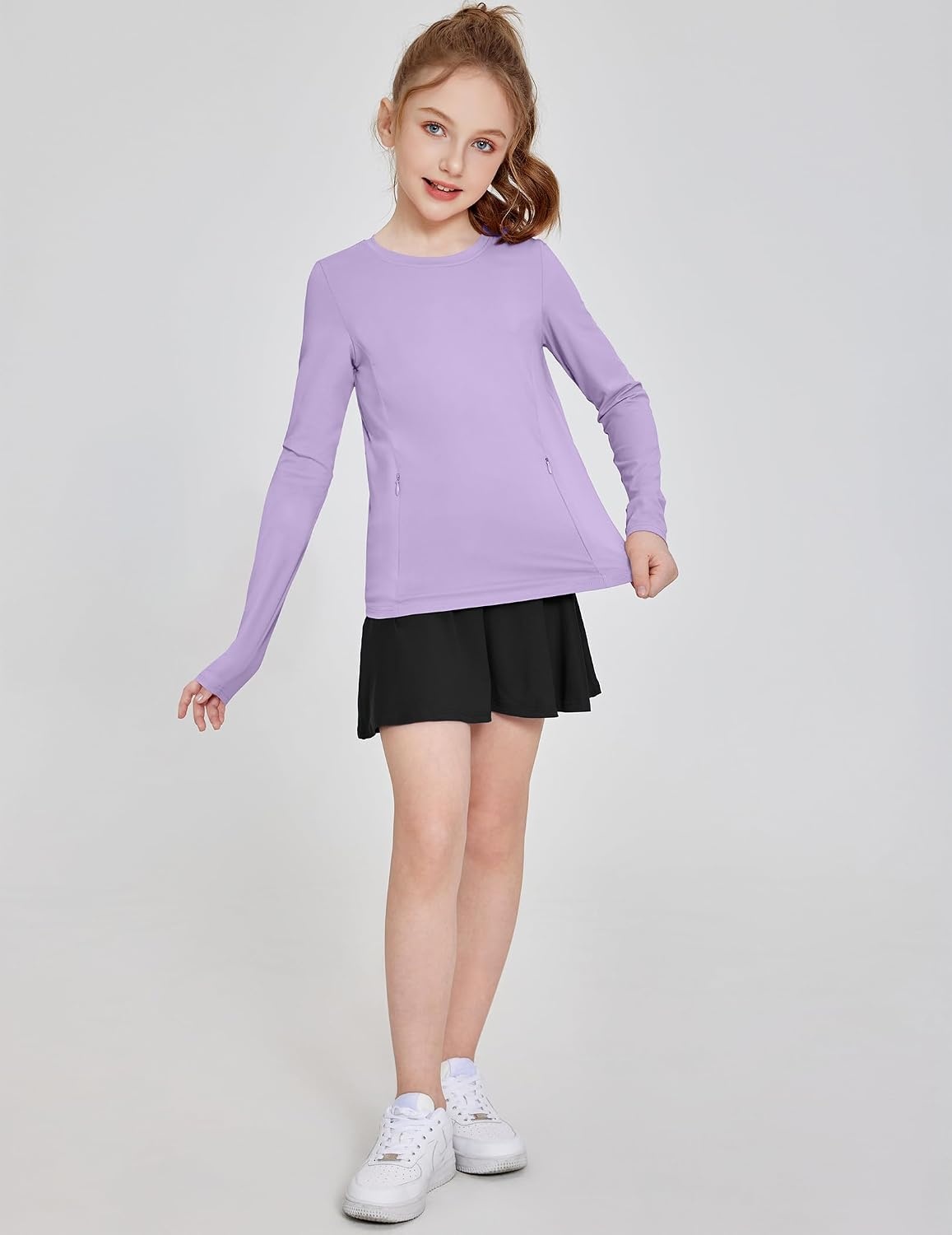 image:imageZaclotre Girls Athletic Long Sleeve Shirts with Zipper Pockets Performance fit for kids sports gym and outdoor activities Activewear tops Features breathability and moisture wickingPurple