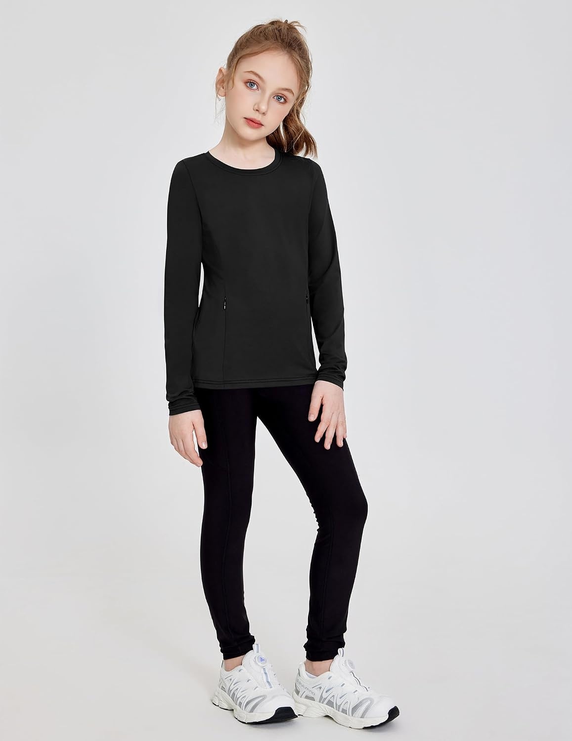 image:imageZaclotre Girls Athletic Long Sleeve Shirts with Zipper Pockets Performance fit for kids sports gym and outdoor activities Activewear tops Features breathability and moisture wickingBlack