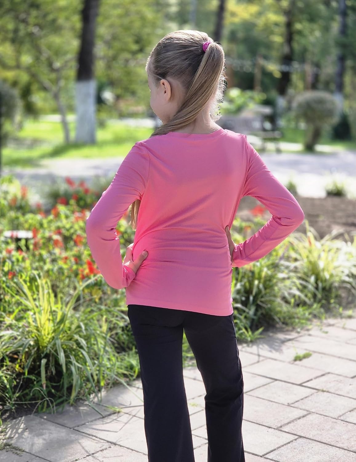 image:imageZaclotre Girls Athletic Long Sleeve Shirts with Zipper Pockets Performance fit for kids sports gym and outdoor activities Activewear tops Features breathability and moisture wickingRose Pink