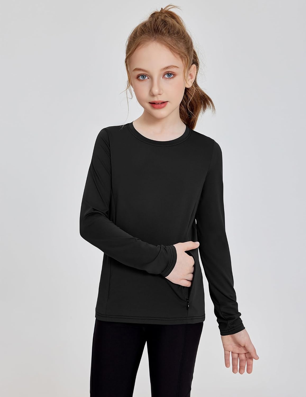 image:imageZaclotre Girls Athletic Long Sleeve Shirts with Zipper Pockets Performance fit for kids sports gym and outdoor activities Activewear tops Features breathability and moisture wickingBlack