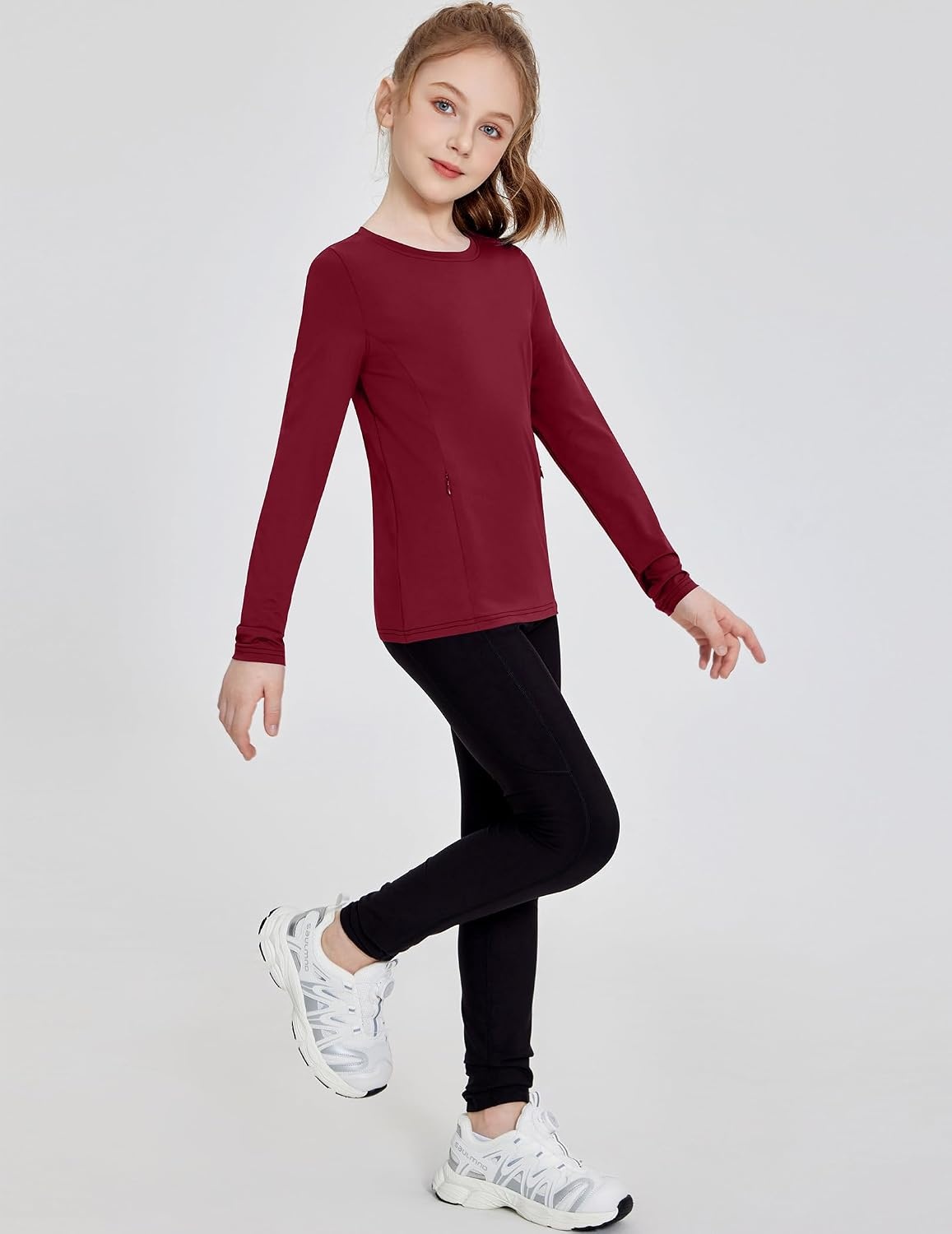 image:imageZaclotre Girls Athletic Long Sleeve Shirts with Zipper Pockets Performance fit for kids sports gym and outdoor activities Activewear tops Features breathability and moisture wickingDeep Burgundy