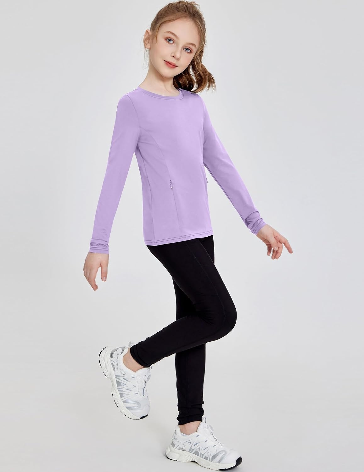image:imageZaclotre Girls Athletic Long Sleeve Shirts with Zipper Pockets Performance fit for kids sports gym and outdoor activities Activewear tops Features breathability and moisture wickingPurple
