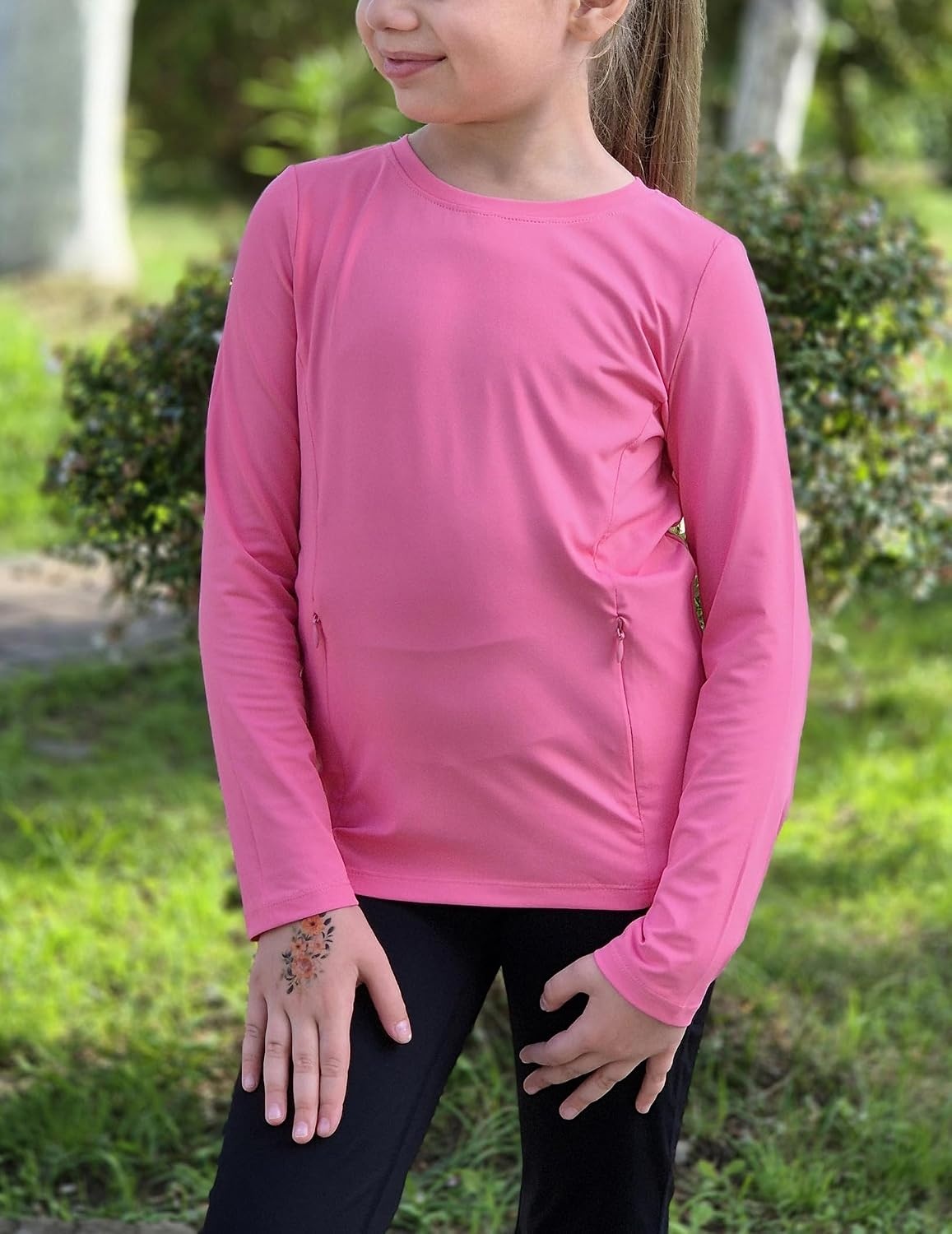 image:imageZaclotre Girls Athletic Long Sleeve Shirts with Zipper Pockets Performance fit for kids sports gym and outdoor activities Activewear tops Features breathability and moisture wickingRose Pink