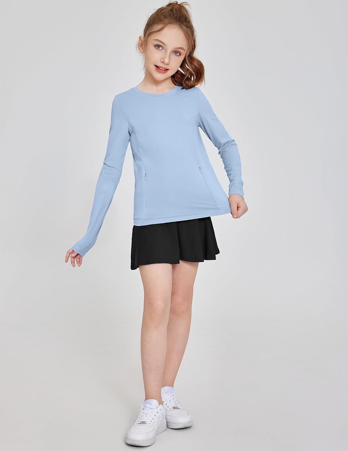 image:imageZaclotre Girls Athletic Long Sleeve Shirts with Zipper Pockets Performance fit for kids sports gym and outdoor activities Activewear tops Features breathability and moisture wickingLight Blue