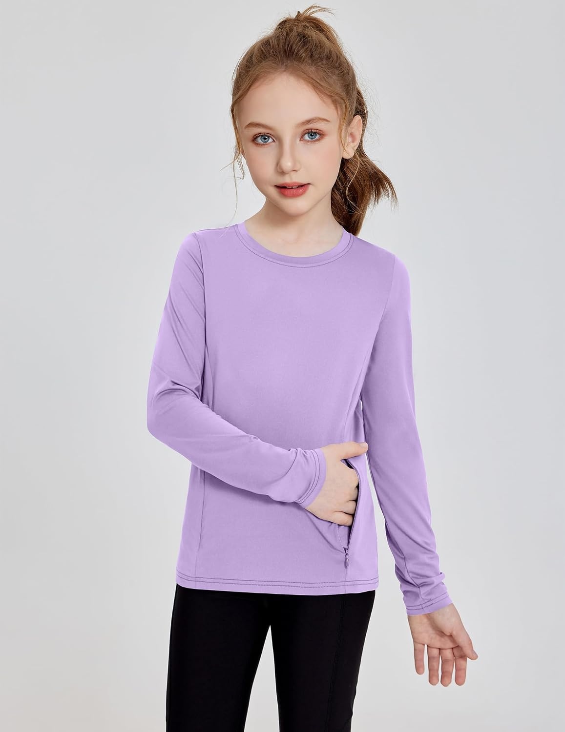image:imageZaclotre Girls Athletic Long Sleeve Shirts with Zipper Pockets Performance fit for kids sports gym and outdoor activities Activewear tops Features breathability and moisture wickingPurple