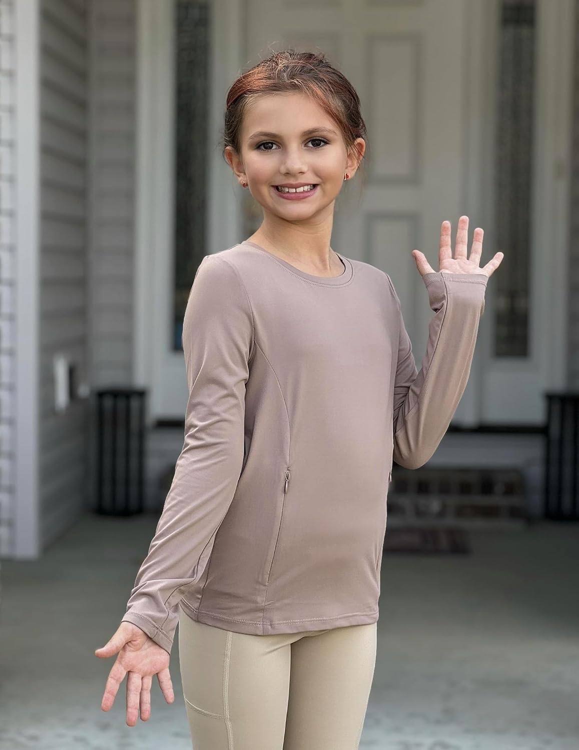 image:imageZaclotre Girls Athletic Long Sleeve Shirts with Zipper Pockets Performance fit for kids sports gym and outdoor activities Activewear tops Features breathability and moisture wickingKhaki