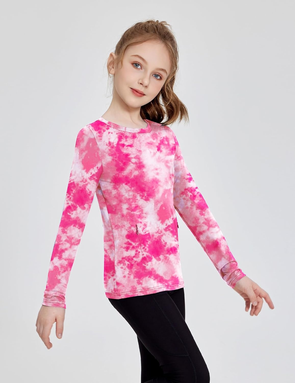 image:imageZaclotre Girls Athletic Long Sleeve Shirts with Zipper Pockets Performance fit for kids sports gym and outdoor activities Activewear tops Features breathability and moisture wickingRose Tie Dye