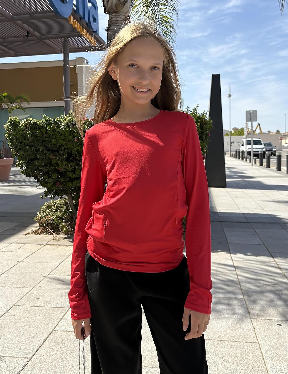 image:imageZaclotre Girls Athletic Long Sleeve Shirts with Zipper Pockets Performance fit for kids sports gym and outdoor activities Activewear tops Features breathability and moisture wickingRed