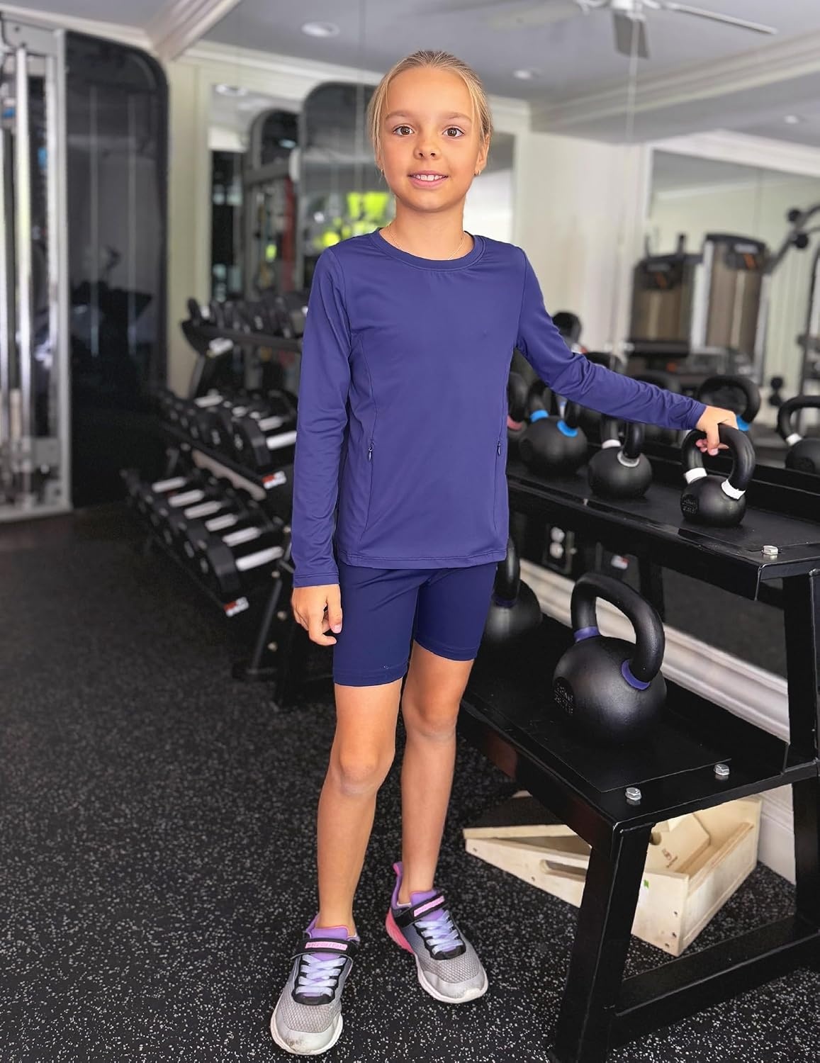 image:imageZaclotre Girls Athletic Long Sleeve Shirts with Zipper Pockets Performance fit for kids sports gym and outdoor activities Activewear tops Features breathability and moisture wickingNavy Blue