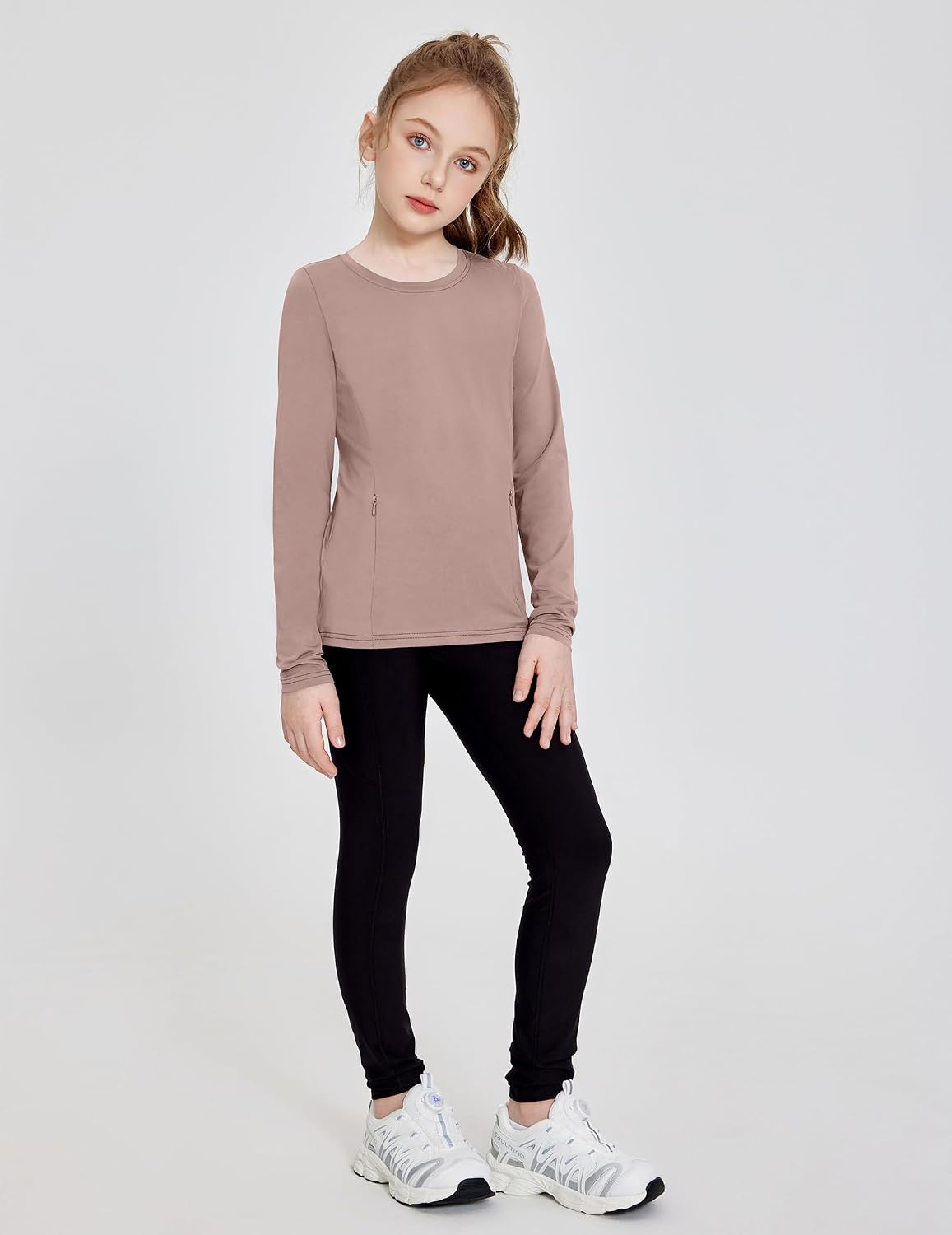 image:imageZaclotre Girls Athletic Long Sleeve Shirts with Zipper Pockets Performance fit for kids sports gym and outdoor activities Activewear tops Features breathability and moisture wickingKhaki