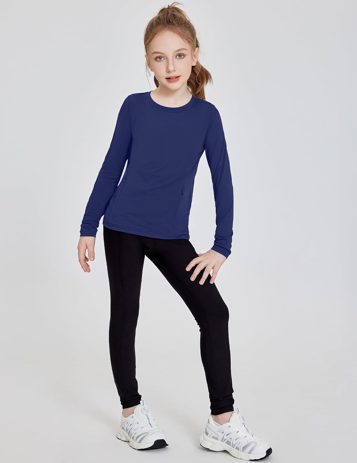 image:imageZaclotre Girls Athletic Long Sleeve Shirts with Zipper Pockets Performance fit for kids sports gym and outdoor activities Activewear tops Features breathability and moisture wickingNavy Blue