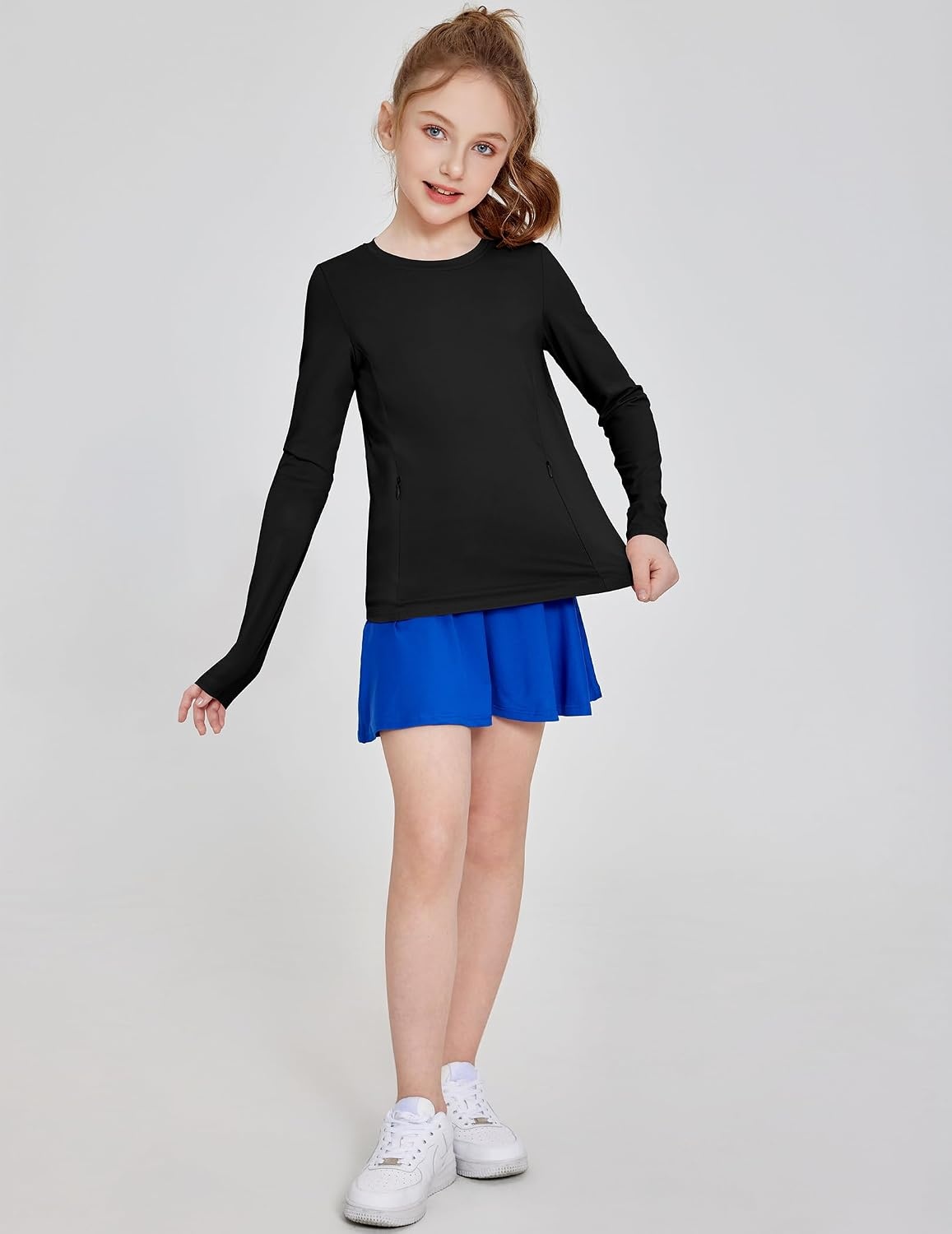 image:imageZaclotre Girls Athletic Long Sleeve Shirts with Zipper Pockets Performance fit for kids sports gym and outdoor activities Activewear tops Features breathability and moisture wickingBlack