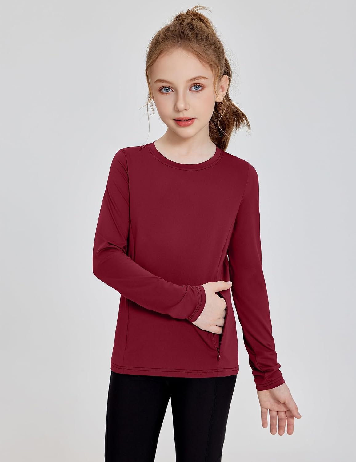 image:imageZaclotre Girls Athletic Long Sleeve Shirts with Zipper Pockets Performance fit for kids sports gym and outdoor activities Activewear tops Features breathability and moisture wickingDeep Burgundy