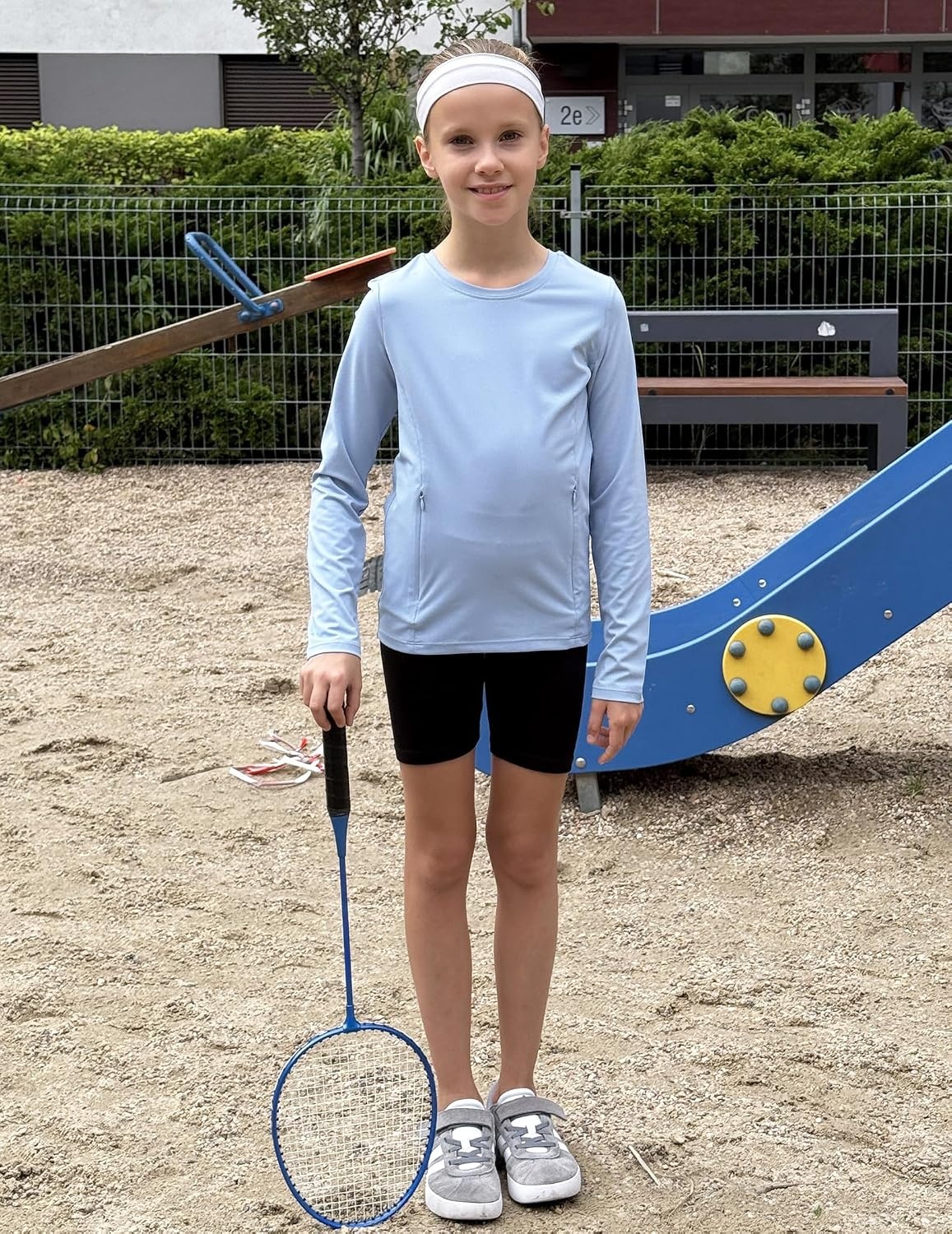 image:imageZaclotre Girls Athletic Long Sleeve Shirts with Zipper Pockets Performance fit for kids sports gym and outdoor activities Activewear tops Features breathability and moisture wickingLight Blue
